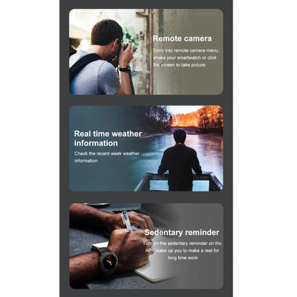 Daily Smart Watch for Health Tracking in Everyday Life showing remote camera, weather info, and sedentary reminders on wrist