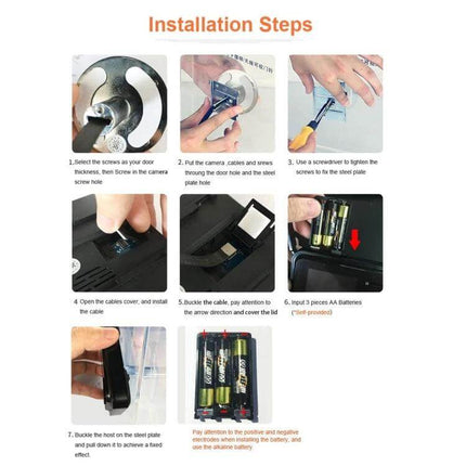 Night Vision Doorbell for Secure Home Entry Monitoring installation steps showing screws, mounting plate, wiring, battery compartment and setup