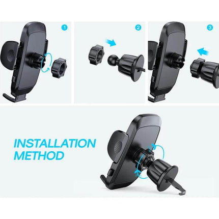 Joyroom Car Phone Holder 360 Degree Rotation for 4.7 to 6.9 Inch Phones showing installation method and vent-mount ball joint with mechanical clamp arm