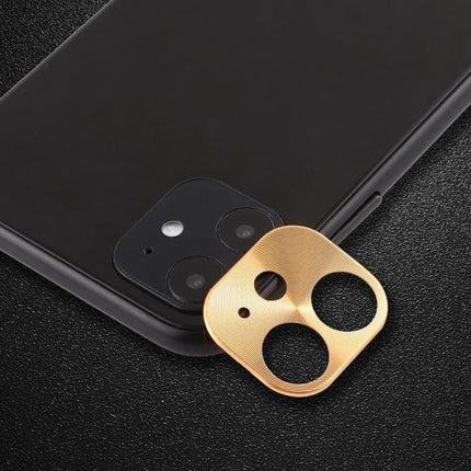 IPhone 11 Rear Camera Lens Protector Cardboard Style on black iPhone showing gold cardboard-style protective film
