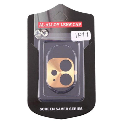 iPhone 11 Rear Camera Lens Protector Cardboard Style shown in gold aluminum lens cap packaging