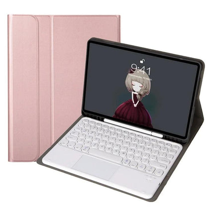 Detachable Bluetooth Keyboard Leather Case for iPad Air and Pro Models - rose gold folio with white Bluetooth keyboard and tablet stand