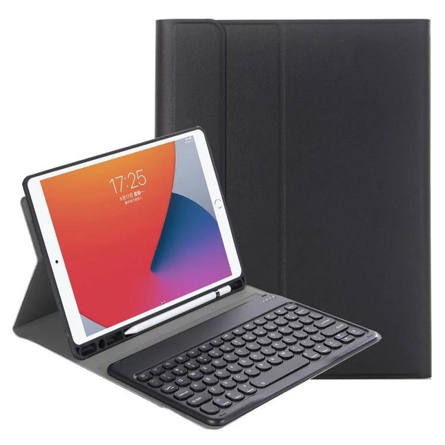 iPad Detachable Bluetooth Keyboard Leather Case with Stand in black showing tablet propped with removable Bluetooth keyboard