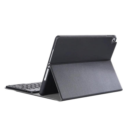 Ipad Detachable Bluetooth Keyboard Leather Case with Stand in black showing folded stand and Bluetooth keyboard