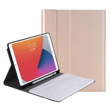 iPad Detachable Bluetooth Keyboard Leather Case with Stand with white Bluetooth keyboard and rose gold folio stand