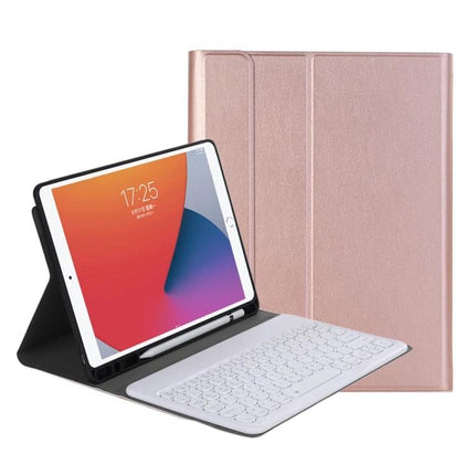 Ipad Detachable Bluetooth Keyboard Leather Case with Stand shown in rose gold with detachable white Bluetooth keyboard and adjustable stand