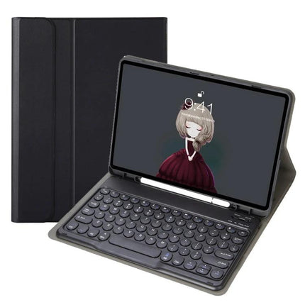 iPad Detachable Bluetooth Keyboard Leather Case with Stand shown open with Bluetooth keyboard and stylus in black