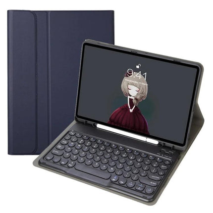 iPad Detachable Bluetooth Keyboard Leather Case with Stand showing navy leather case, detachable Bluetooth keyboard, and tablet in typing position