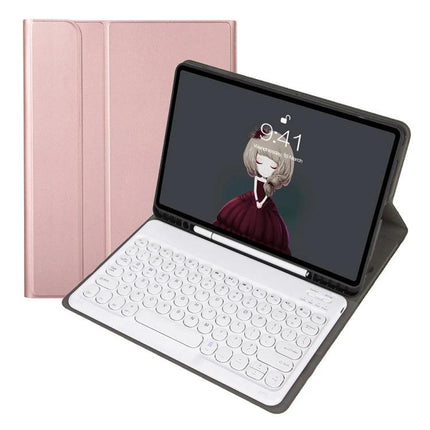 Ipad Detachable Bluetooth Keyboard Leather Case with Stand showing rose gold case and white Bluetooth keyboard paired with iPad