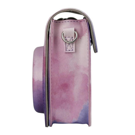 Painted Camera Bag for Fujifilm Instax Mini 11 with Strap showing side view of pink watercolor polyurethane case with D-ring and handle