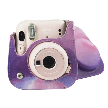 Painted Camera Bag for Fujifilm Instax Mini 11 with Strap showing purple-pink painted PU case with camera inside