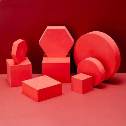 Solid Color Geometric Shapes Polymer Foam Props for Photography red geometric foam shapes arranged for clean product photography composition