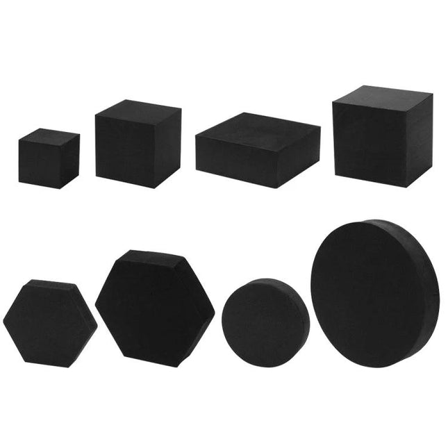 Solid Color Geometric Shapes Polymer Foam Props for Photography showing assorted black cubes, hexagons and discs for product staging