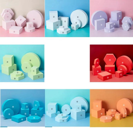 Solid Color Geometric Shapes Polymer Foam Props for Photography showcasing assorted colorful geometric foam shapes arranged as photo props