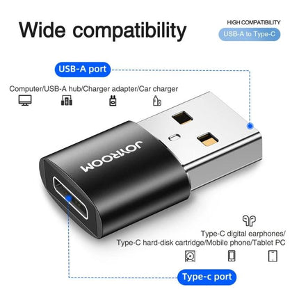 JOYROOM USB-C Adapter for Daily Device Connections at Home - black USB-A to Type-C adapter showing wide compatibility with phones, tablets, chargers