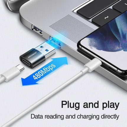 JOYROOM USB-C Adapter for Daily Device Connections at Home showing plug-and-play file transfer and charging between phone and laptop (480Mbps)