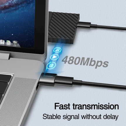 JOYROOM USB-C Adapter for Daily Device Connections at Home connected to a laptop and external drive showing 480Mbps fast transmission