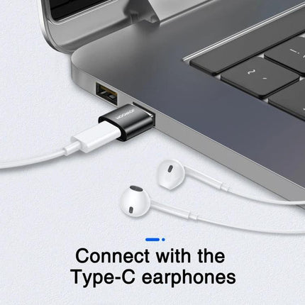 JOYROOM USB-C Adapter for Daily Device Connections at Home plugged into laptop Type-C to USB adapter connecting earphones and charging cable