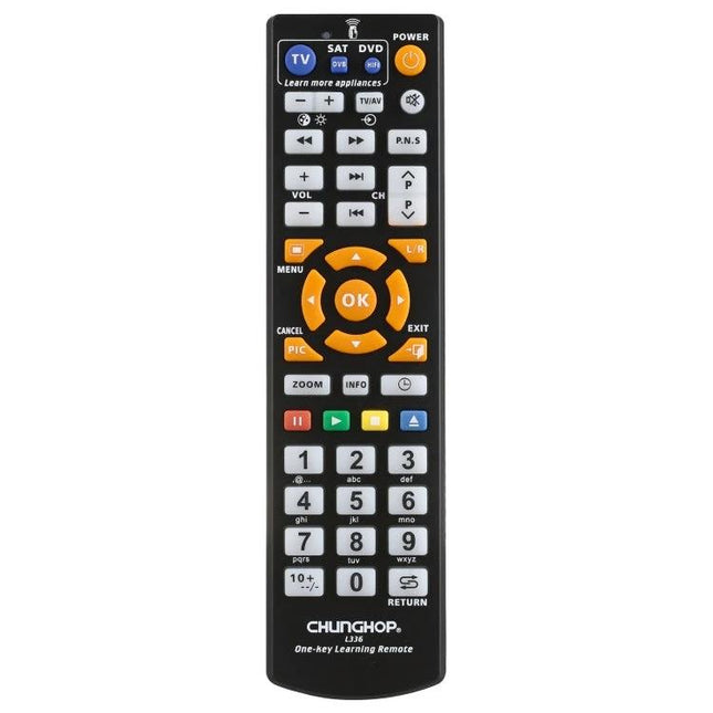 CHUNGHOP L336 Universal Remote Controller for TVs and Media Devices - black universal remote with orange navigation pad and numeric keypad