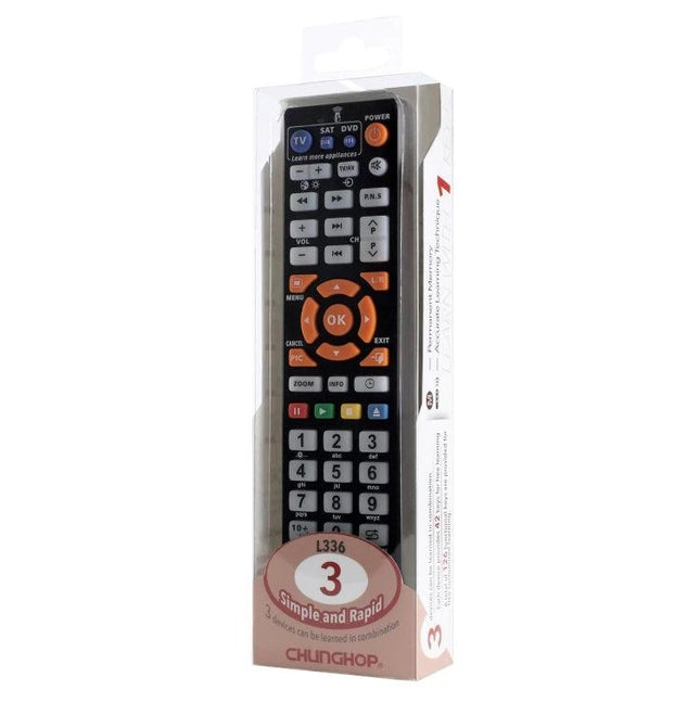 CHUNGHOP L336 Universal Remote Controller for TVs and Media Devices - black universal remote in retail packaging showing numeric pad and orange navigation buttons