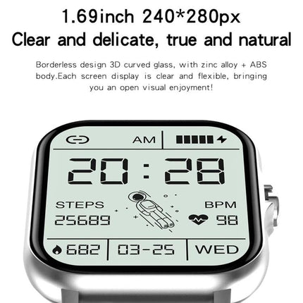 Smart Watch for Everyday Wear and Daily Activity Tracking - silver square smartwatch 1.69 inch display showing time, steps, BPM and date