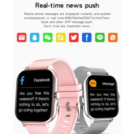 Smart Watch for Everyday Wear and Daily Activity Tracking showing two watches with message notifications and app icons for real-time news push
