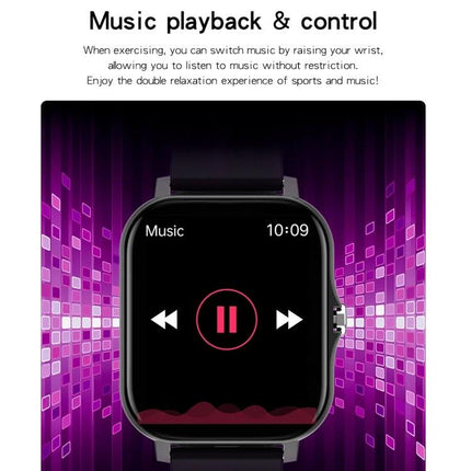 Smart Watch for Everyday Wear and Daily Activity Tracking - black smartwatch showing music playback controls and time 10:09 on a purple graphic background