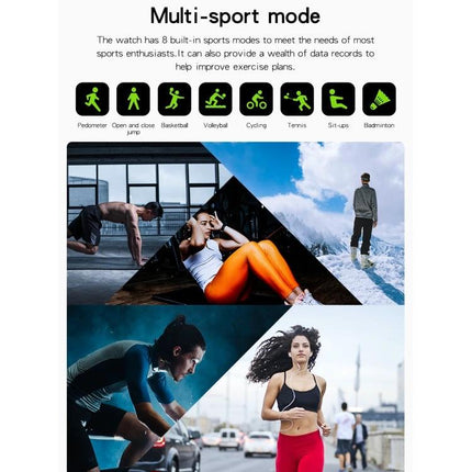 Smart Watch for Everyday Wear and Daily Activity Tracking showing multi-sport modes and athletes running, cycling, gym workouts, and outdoor activities