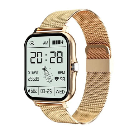 Smart Watch for Everyday Wear and Daily Activity Tracking - gold mesh band smartwatch showing time, steps, heart rate and sleep icons