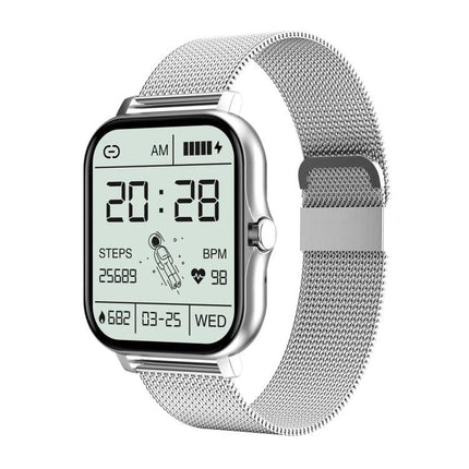 Smart Watch for Everyday Wear and Daily Activity Tracking - silver mesh band showing steps, heart rate, calories and time display