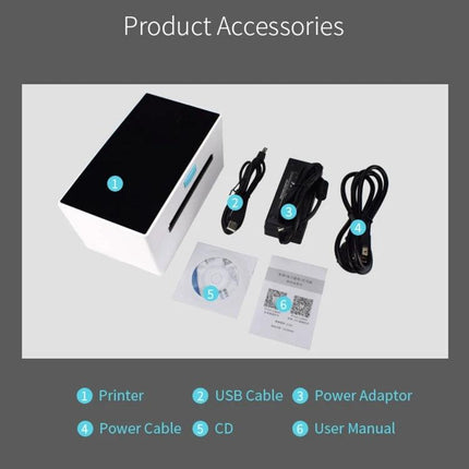 Self-Adhesive Thermal Bill Printer with USB and Bluetooth, 100x150mm Labels showing printer, USB cable, power adaptor, power cable, CD, and user manual