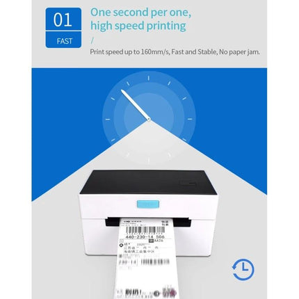 Self-Adhesive Thermal Bill Printer with USB and Bluetooth, 100x150mm Labels showing high-speed label printing at checkout