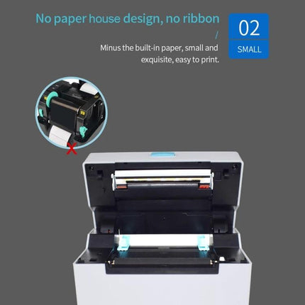 Self-Adhesive Thermal Bill Printer with USB and Bluetooth, 100x150mm Labels open top showing internal paper path and no ribbon design
