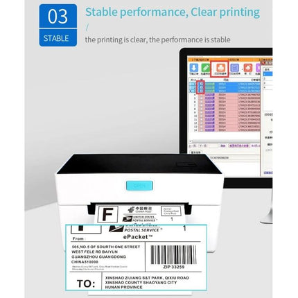 Self-Adhesive Thermal Bill Printer with USB and Bluetooth, 100x150mm Labels printing shipping labels at a retail checkout