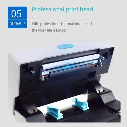 Self-Adhesive Thermal Bill Printer with USB and Bluetooth, 100x150mm Labels showing open lid and professional thermal print head for receipt and label printing
