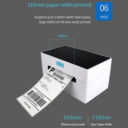 Self-Adhesive Thermal Bill Printer with USB and Bluetooth, 100x150mm Labels showing white desktop label printer printing 104mm shipping label
