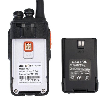 Retevis RT24 Handheld Two-Way Radio for Short-Range Talks showing back panel and removable battery