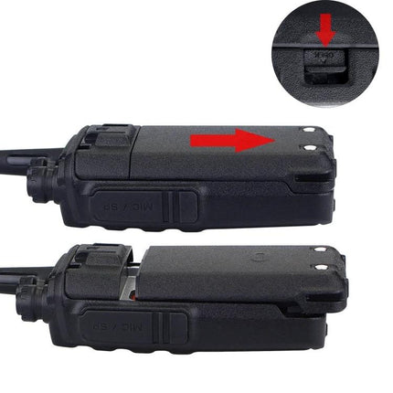 Retevis RT24 Handheld Two-Way Radio for Short-Range Talks showing battery cover slide release and clip attachment