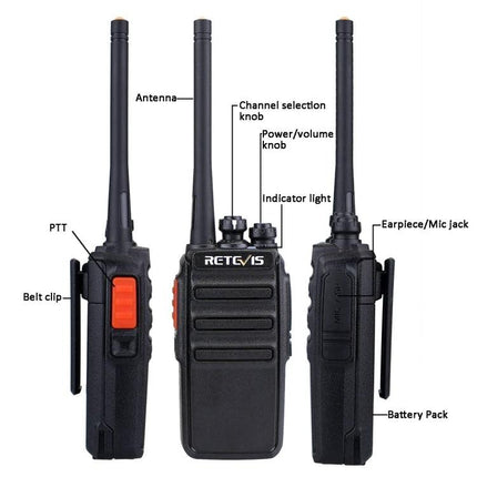 Retevis RT24 Handheld Two-Way Radio for Short-Range Talks front and side views with labeled antenna, PTT, channel knob, power/volume, earpiece jack, belt clip