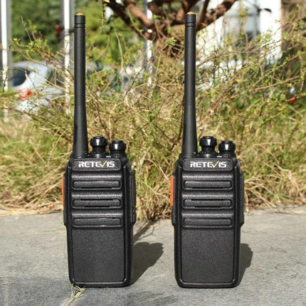 Retevis RT24 Handheld Two-Way Radio for Short-Range Talks shown as a pair of black handheld PMR446 radios for hiking and event coordination