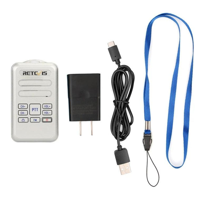 Retevis RT20 Compact Two-Way Radio for Daily Communication — compact radio with charger, USB cable and blue lanyard