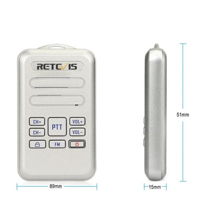Retevis RT20 Compact Two-Way Radio for Daily Communication shown front and side with 89x51x15mm compact dimensions