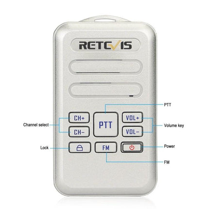 Retevis RT20 Compact Two-Way Radio for Daily Communication compact white unit front with labeled PTT channel and volume keys