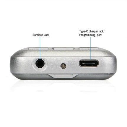 Retevis RT20 Compact Two-Way Radio for Daily Communication showing earpiece jack and Type-C charger/programming port