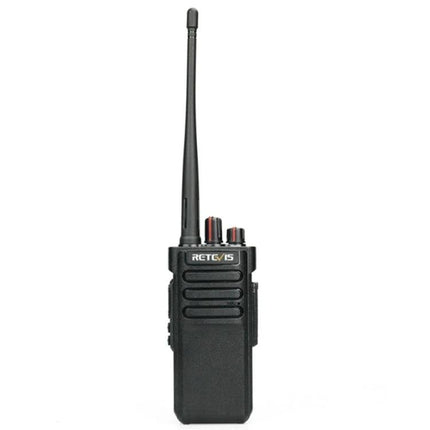 Retevis RT29 Long-Range Handheld Two-Way Radio for Communication showing black radio with long antenna, 10W output and 3200mAh battery for extended range