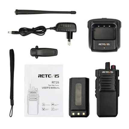 Retevis RT29 Long-Range Handheld Two-Way Radio for Communication with antenna, battery, charger and accessories laid out