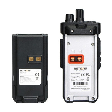 Retevis RT29 Long-Range Handheld Two-Way Radio for Communication showing battery and back panel with connectors and contacts