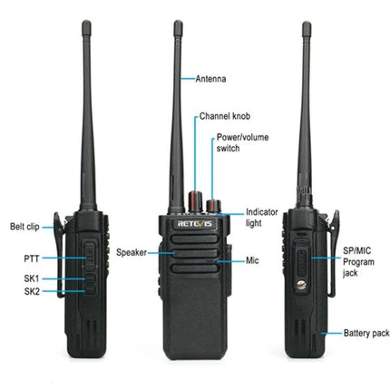 Retevis RT29 Long-Range Handheld Two-Way Radio for Communication showing front and sides with antenna, controls, belt clip and battery pack