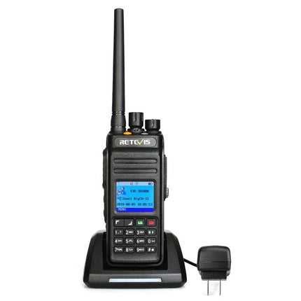 Retevis RT83 Waterproof DMR Digital Two-Way Radio with GPS black handheld radio on charging dock showing display and keypad