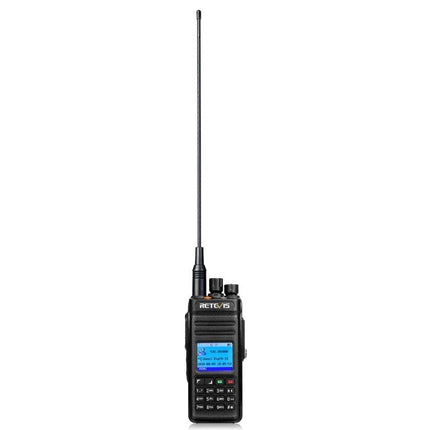 Retevis RT83 Waterproof DMR Digital Two-Way Radio with GPS handheld unit front view with long antenna and blue display